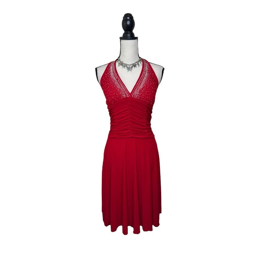 Y2K Tu Tu Fashion Halter Red Rhinestone Midi Dress Size Small - Picture 1 of 7